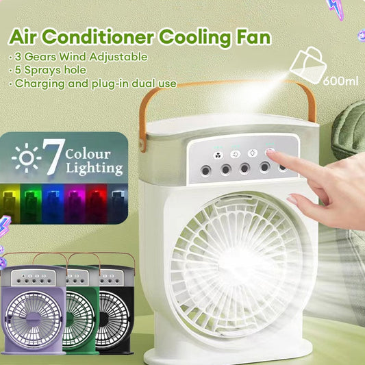 Portable USB Air Conditioner Cooling Fan With 5 Sprays 7 Colour Light 600ML Water Tank