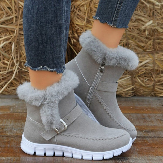 Snow Boots Solid Colour Plush Ankle Boots With Buckle Design Plus Velvet Flat Boot's